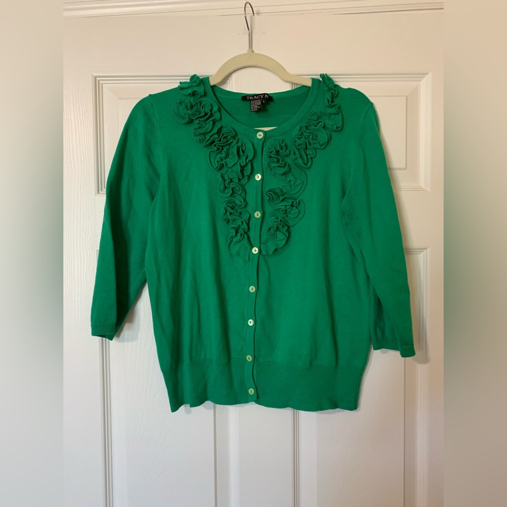 Tracy M‎ Ruffled Button Front Long Sleeve Cardigan Sweater, Green, Large